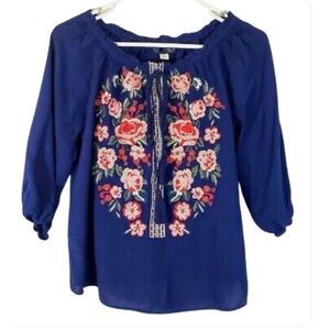 Blue Rain Women’s Embroidered Blouse Drawstring Neck Size XS